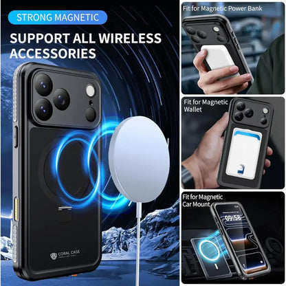 CORAL CASE iPhone 17 Pro Full Body Waterproof Shockproof Lifeproof MagSafe Kickstand Case Support Wireless Charging