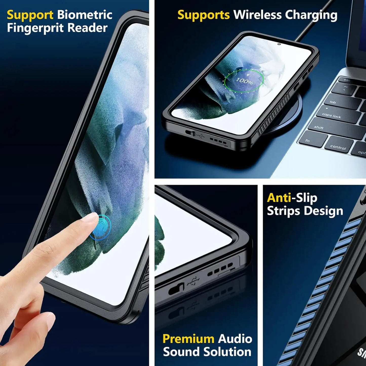 Samsung S21 Plus Waterproof Shockproof Lifeproof Full Body Case - Biometric fingerprint support wireless charging, anti slip design and premium audio sound solution