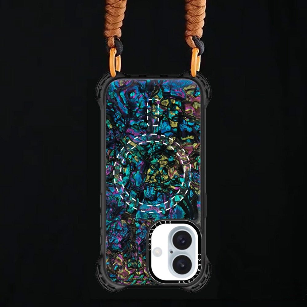 iPhone 16 Abalone Shell MagSafe Compatible 7.5M Shockproof Dropproof case - front & rear view with ring & lace